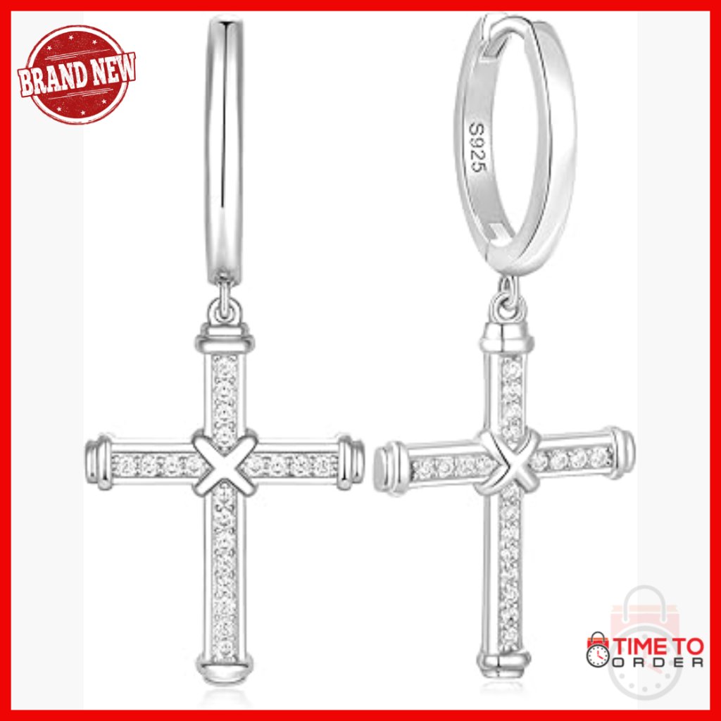 Sterling Silver Moissanite Cross Dangle Earrings Lever Back 0.2 Carat